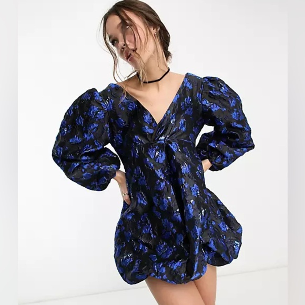 Sister Jane long sleeve plunge mini dress in cobalt floral